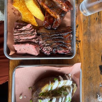 The Crossroads BBQ - 4  meats - double brisket, tri tip, and ribs with the corn bread and baked potato. - Barbeque Near Me - Carmel, California