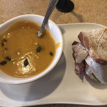 Panera Bread - Autumn squash soup with a turkey, bacon and avocado sandwich - Sandwiches Near Me - League City, Texas Panera Bread - Autumn squash soup with a turkey, bacon and avocado sandwich - Sandwiches Near Me - League City, Texas