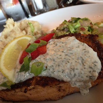 Christopher's Eats - Salmon with tzatziki sauce. Brussel sprouts and mashed potatoes! To die for! - New American Near Me - Huntington, West Virginia