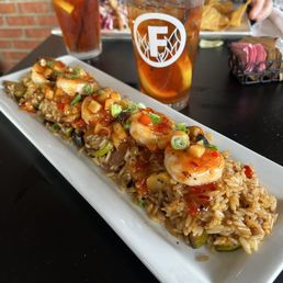 Firepit Sweet Heat Grilled Shrimp over delicious charred veg fried rice. Firepit Sweet Heat Grilled Shrimp over delicious charred veg fried rice.