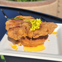 Chicken & Waffles (crispy chicken and cornbread waffle with whipped honey butter and spicy honey)