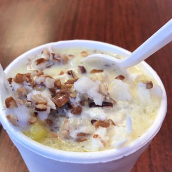 Juice N Fruit Raspados - This a Pecan, pineapple, coconut raspado with lechera. - Juice Bars & Smoothies Near Me - Tucson, Arizona