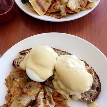 Cafe M - [Top] Del Mar Crepe + Prawns [Bottom] Crab Cake Benedict - Breakfast & Brunch Near Me - Berkeley, California