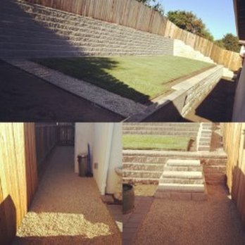 Evergreen Landscaping - After picture of completed terrace with retaining wall, irrigation and sod, access stairs, and rocked walkway. - Landscaping Near Me - Pismo Beach, California