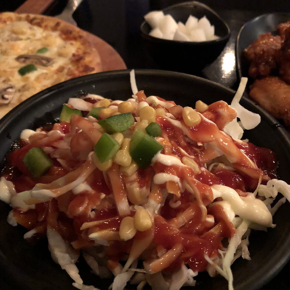 Cheogod Zip Chicken Pizza - side cabbage salad - Korean Near Me - Flushing, New York