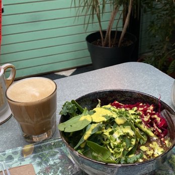 Le Botaniste - Mushroom gravy, kraut, potatoes greens, oat cappuccino (no upcharge for milk  why? Bc everything's vegan duhhh) - Wine Bars Near Me - New York, New York
