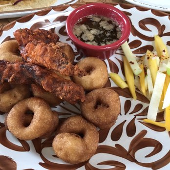 Honcho - HOT chicken and donuts with syrups, and mango/apple/jicama slaw - Latin American Near Me - Clarkston, Michigan Honcho - HOT chicken and donuts with syrups, and mango/apple/jicama slaw - Latin American Near Me - Clarkston, Michigan