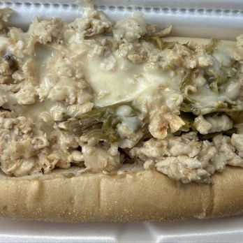 Fink's - Chicken Cheesesteak with long hots - special on Wednesday. Delicious chicken breast, lots of cheese melted in and a fresh roll. - Sandwiches Near Me - Philadelphia, Pennsylvania