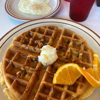 The Roost Cafe - Bacon Pecan Waffle & eggs - Breakfast & Brunch Near Me - Chico, California
