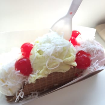 Cream - Strawberry/pistachio/coconut Ice cream taco with cherries and shaved coconut topping - Desserts Near Me - Cupertino, California Cream - Strawberry/pistachio/coconut Ice cream taco with cherries and shaved coconut topping - Desserts Near Me - Cupertino, California