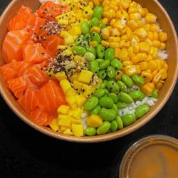 Malibu Nation - Salmon bowl with rice, corn, mango, edamame and sweet soy sauce