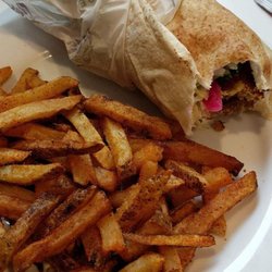 Vegan falafel wrap and fries