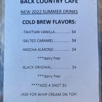 Backcountry Cafe - Menu as of August 2022 - Breakfast & Brunch Near Me - Gunnison, Colorado
