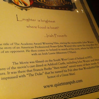 Quiet Man Pub - The bottom front cover of their wonderful menu. - Irish Pub Near Me - Dover, New Jersey Quiet Man Pub - The bottom front cover of their wonderful menu. - Irish Pub Near Me - Dover, New Jersey