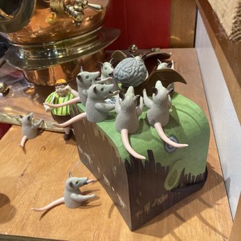 Rocket Fizz - Zombie rat finger puppets worshipping the bat brain in the window display at Rocket Fizz - Candy Stores Near Me - Kalamazoo, Michigan