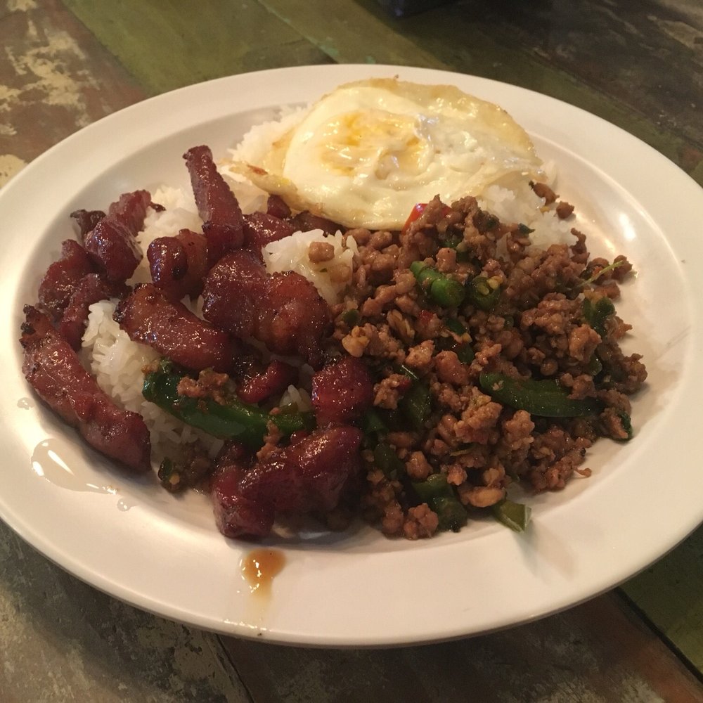 Khao Kang - Garlic pork, minced pork with basil, and a fried egg. - Thai Near Me - Elmhurst, New York Khao Kang - Garlic pork, minced pork with basil, and a fried egg. - Thai Near Me - Elmhurst, New York