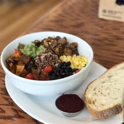 Pop Over Eatery - Buddha Bowl, subbed tempeh for veggie burger. Perfectly filling and fresh meal. A fav.