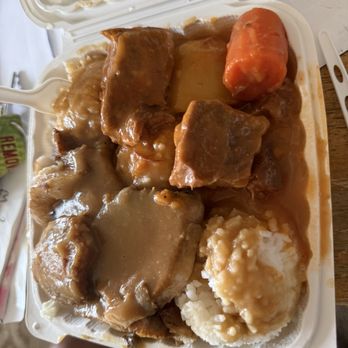 Lucky Box BBQ & Sushi  - Mix plate hamburger stew & roast pork all Rice - Fast Food Near Me - Ewa Beach, Hawaii