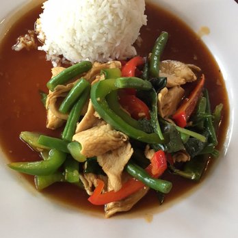Thai 55 - spicy basil leaves w/chicken - chicken | garlic | bell peppers | green beans | basil leaves | spicy Thai sauce - Thai Near Me - Durham, North Carolina Thai 55 - spicy basil leaves w/chicken - chicken | garlic | bell peppers | green beans | basil leaves | spicy Thai sauce - Thai Near Me - Durham, North Carolina