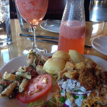 Tucanos - Plate full of salad bar options. With strawberry Brazilian lemonade. - Brazilian Near Me - Orem, Utah