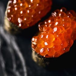 Fusion Sushi - Closeup shot of the Salmon Roe. Prepared by the restaurant to-go, then plated and photographed at home.