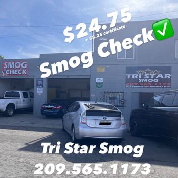 Tri Star Smog - $24.75 + cert. Cheap Smog Check. For most vehicles. Call shop for details. Additional cost for Diesel vehicles. - Smog Check Stations Near Me - Stockton, California Tri Star Smog - $24.75 + cert. Cheap Smog Check. For most vehicles. Call shop for details. Additional cost for Diesel vehicles. - Smog Check Stations Near Me - Stockton, California
