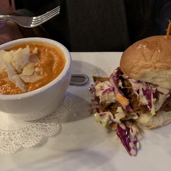 Fardowners Restaurant - Roasted red pepper soup with smoked Gouda. Timbercreek Organics Pulled Pork BBQ with a load of slaw - Burgers Near Me - Crozet, Virginia Fardowners Restaurant - Roasted red pepper soup with smoked Gouda. Timbercreek Organics Pulled Pork BBQ with a load of slaw - Burgers Near Me - Crozet, Virginia