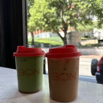 Bon - Iced guava matcha and iced brown butter oat latte - Coffee & Tea Near Me - Boston, Massachusetts Bon - Iced guava matcha and iced brown butter oat latte - Coffee & Tea Near Me - Boston, Massachusetts