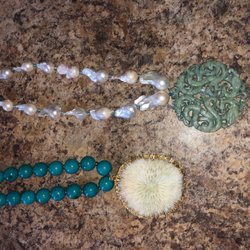 Jade with baroque pearls, top Sea coral with turquoise, bottom