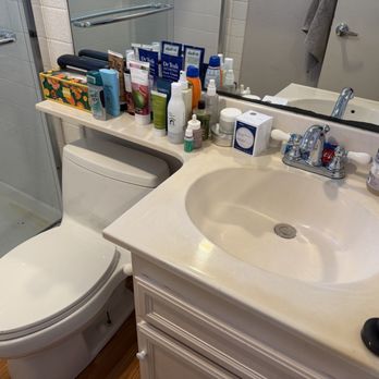 Maritza's House Cleaning - This is the sink and toilet Note how they organized lotions and potions - Home Cleaning Near Me Maritza's House Cleaning - This is the sink and toilet Note how they organized lotions and potions - Home Cleaning Near Me