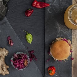 Sliders - PICKLE PORK BUN Braised pulled pork in white wine with pickled red cabbage, ginger, chili, garlic, apple and walnuts.