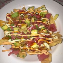 Union Hall Inn - Ahi Tuna Nachos; Crispy Fried Wonton Chips With Sushi Grade Ahi Tuna Topped With Avocado, Jalapeño And Delicious Sauces