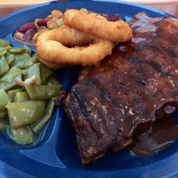 Prissy Polly's Bar-B-Que - Half slab of baby back ribs, with baked beans, green beans and hush puppies - Barbeque Near Me - Kernersville, North Carolina