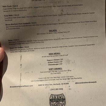 Brews Brothers Brewpub - Backside of the menu - Brewpubs Near Me - Burbank, California
