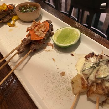 Wayan - Satay combo $36 choice of 3 satays - L to R: lamb, pork, scallops - Indonesian Near Me - New York, New York