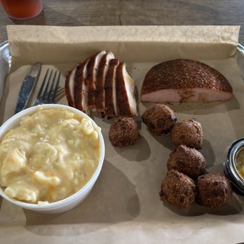 Hatchers On Target BBQ - Two-meat plate with chicken, bologna, mac and hush puppies - Barbeque Near Me - Alcoa, Tennessee Hatchers On Target BBQ - Two-meat plate with chicken, bologna, mac and hush puppies - Barbeque Near Me - Alcoa, Tennessee