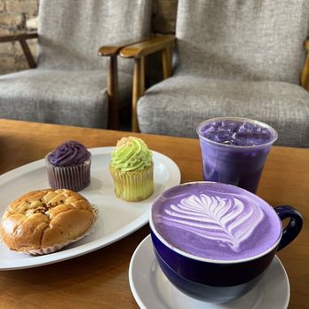 Coffee Lab & Roasters Evanston - Ube Latte, Ube Macapuno Cupcake, Buko Pandan Cupcake - Coffee & Tea Near Me - Evanston, Illinois