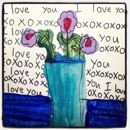 Mother's Day gift created by my 8 year old son; painted backwards on glass, layered to experiment with texture
