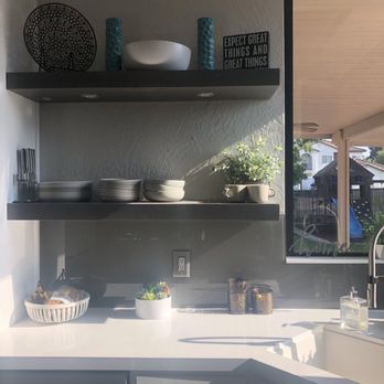 Custom Shower & Glass - Painted glass backsplash under floating shelf - Glass & Mirrors Near Me - Modesto, California Custom Shower & Glass - Painted glass backsplash under floating shelf - Glass & Mirrors Near Me - Modesto, California