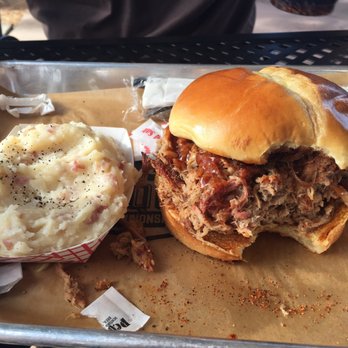 GQue BBQ Westminster - Pulled pork sandwich and mashed potatoes - Barbeque Near Me - Westminster, Colorado
