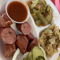 Smolik's Smokehouse - Sausage plate with cabbage and green beans.