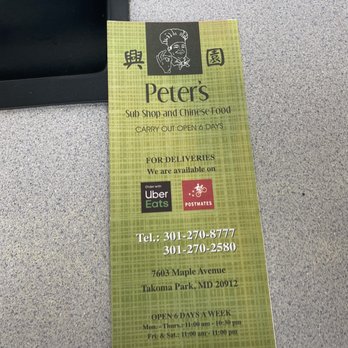 Peter's Sub Shop - Front of the menu - Chinese Near Me - Takoma Park, Maryland