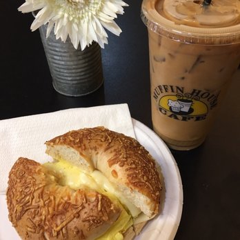 Muffin House Cafe - Sausage, egg, and cheese on Asiago bagel with an iced caramel latte - Cafes Near Me - Mendon, Massachusetts