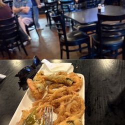Shrimp stuffed jalapeño poppers with fried onion rings