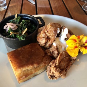 Ka'ana Kitchen - Fried chicken with mochi cake, kimchi collard greens - Asian Fusion Near Me - Wailea, Hawaii Ka'ana Kitchen - Fried chicken with mochi cake, kimchi collard greens - Asian Fusion Near Me - Wailea, Hawaii