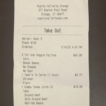 Puerto Vallarta - Receipt showing order was wrong and to verify cost. - Mexican Near Me - Orange, Connecticut
