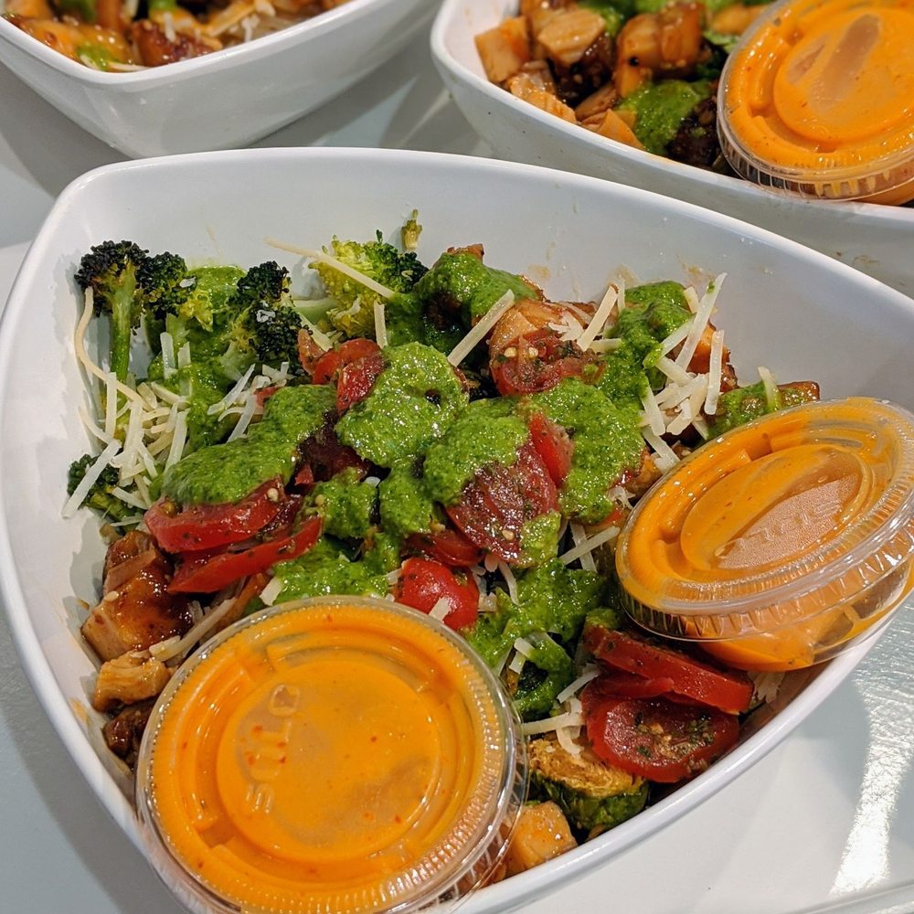 Bolay - Asian sweet potato noodles with teriyaki chicken and veggies topped with chimichurri tomatoes and cilantro pesto - New American Near Me - Pembroke Pines, Florida Bolay - Asian sweet potato noodles with teriyaki chicken and veggies topped with chimichurri tomatoes and cilantro pesto - New American Near Me - Pembroke Pines, Florida