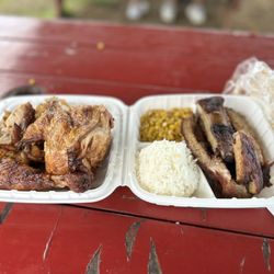 Randy's Huli Chicken and Ribs - Ribs and brisket combo (left) Half Huli Chicken