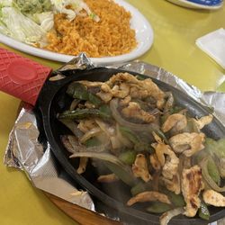 Monterrey Mexican Restaurant II - Chicken fajitas (no tomato) and rice, lettuce, guac (asked for no beans)