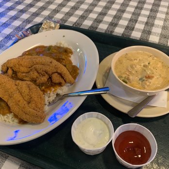 Flying Fish - Fried Catfish over Jambalaya and Crawfish Chowder - Seafood Near Me - Little Rock, Arkansas Flying Fish - Fried Catfish over Jambalaya and Crawfish Chowder - Seafood Near Me - Little Rock, Arkansas